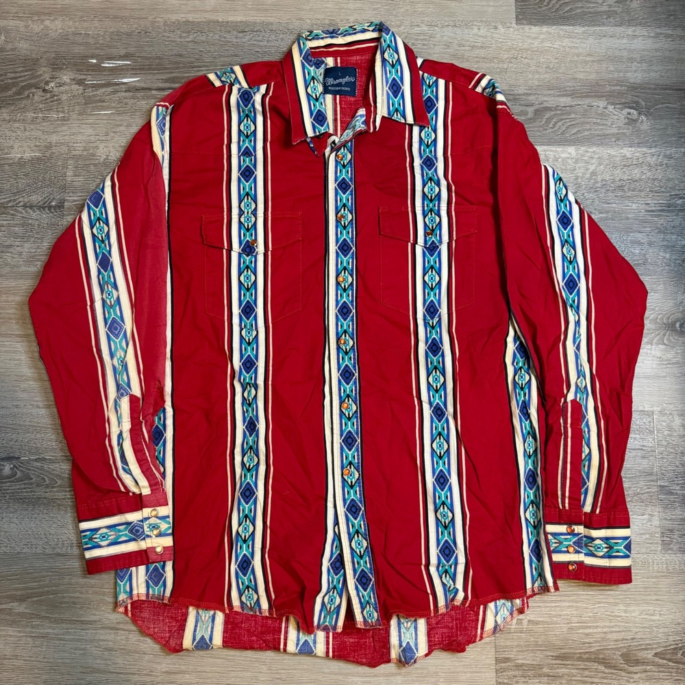 80/90s Wrangler Western Shirt Mens L Red Aztec Geometric Pearl Snap Long Sleeve